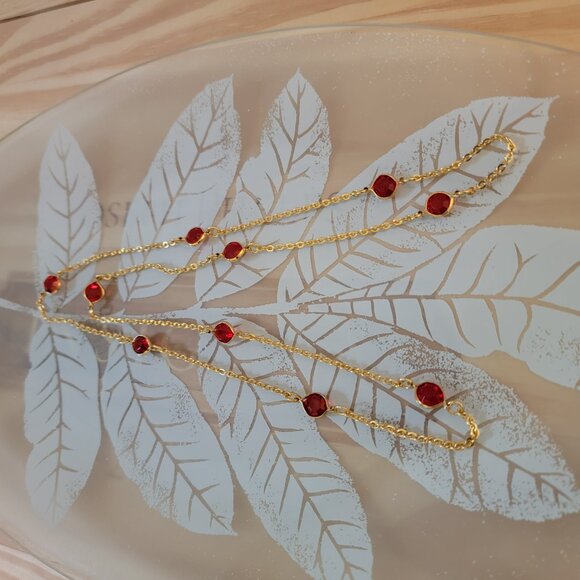 Gold Red Necklace, Ladybug Like Ruby Red Crystals, Lightweight Gold Tone - Picture 3 of 7